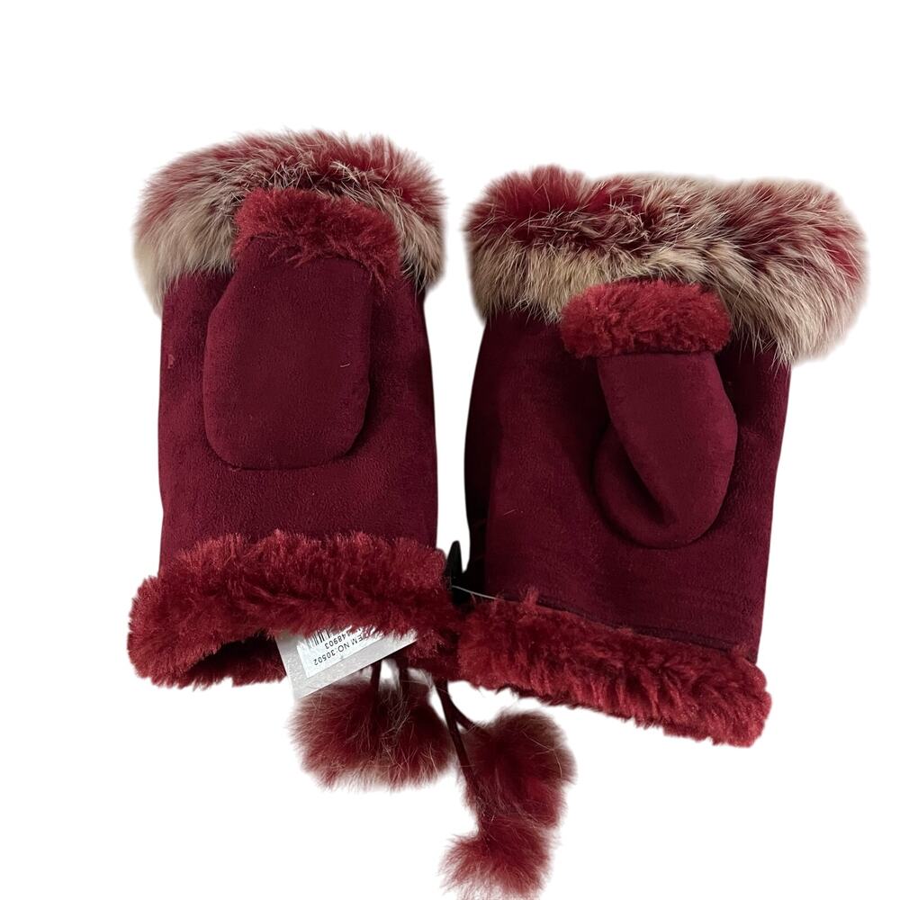 NWT Vintage Red Faux Suede Rabbit Fur Fingerless Gloves